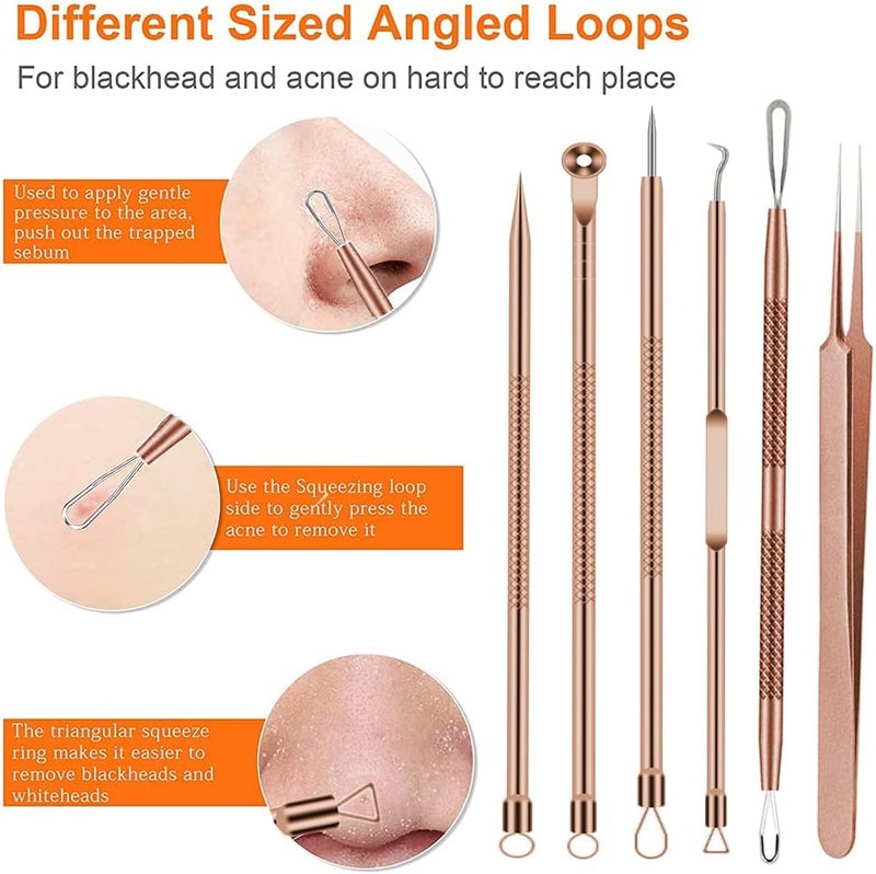 BLAAROOM Pimple Popper Tool Kit, 6 Pcs Blackhead Remover Acne Needle Tools Set Removing Treatment Comedone Whitehead Popping Zit for Nose Face Skin Blemish Extractor Tool - Rose Gold - Image 3